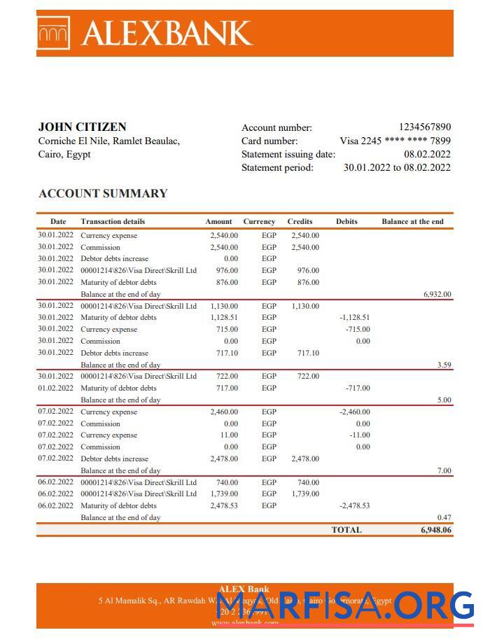 Blank Egypt Alex bank statement excel template